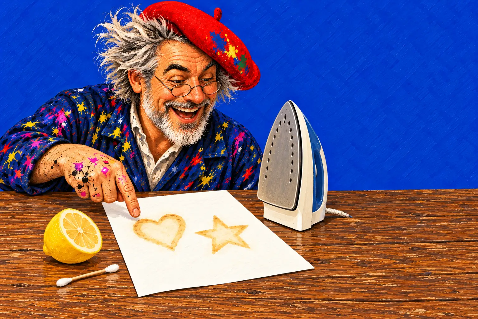 Geschilderde illustratie: de schilder wijst naar een goudbruin hart en een ster die na het strijken op het papier verschenen zijn, met een strijkijzer, een halve citroen en een wattenstaafje.