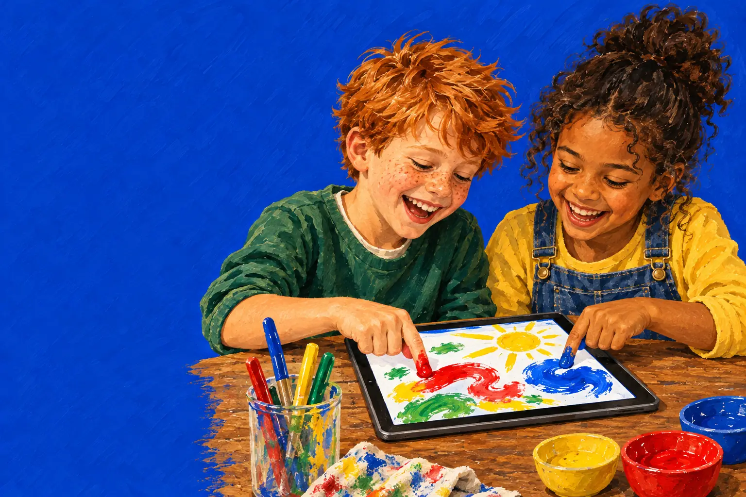 Gemalte Illustration: Zwei Kinder malen lachend zusammen auf einem Tablet an einem Tisch im Klassenzimmer, jedes mit einem Finger.