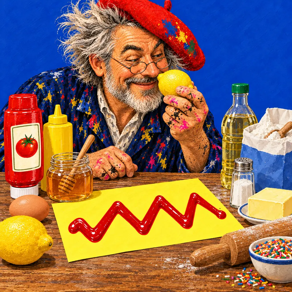 Malowana ilustracja: malarz wącha cytrynę za blatem z keczupem, musztardą, miodem, jajkiem, olejem, masłem, mąką, solą, posypką i wałkiem.