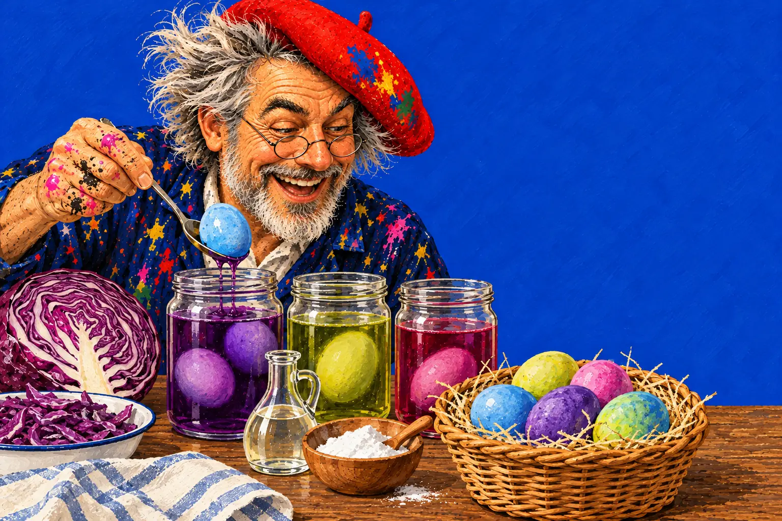 Geschilderde illustratie: de schilder haalt een hemelsblauw ei uit een pot rodekoolsap, met potten verfbad, een mandje gekleurde eieren en een rode kool.