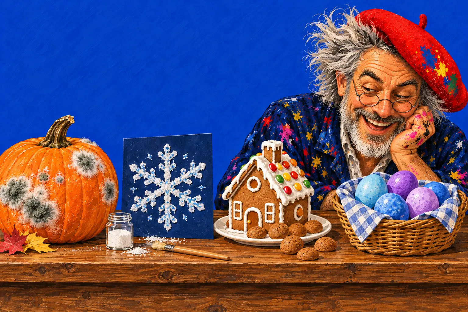 Painted illustration of a pumpkin with mould spots, a salt-painted snowflake, a gingerbread house and blue and purple eggs in a basket, admired by the painter.