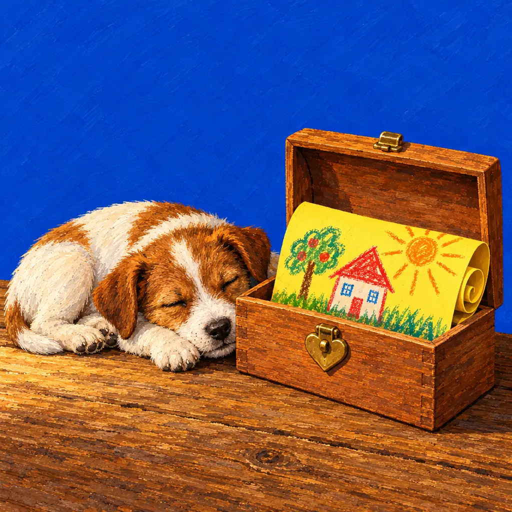 Gemalte Illustration: Ein zusammengerolltes Kinderbild liegt sicher in einem kleinen Holzkästchen mit herzförmigem Verschluss, daneben schläft ein Hündchen.