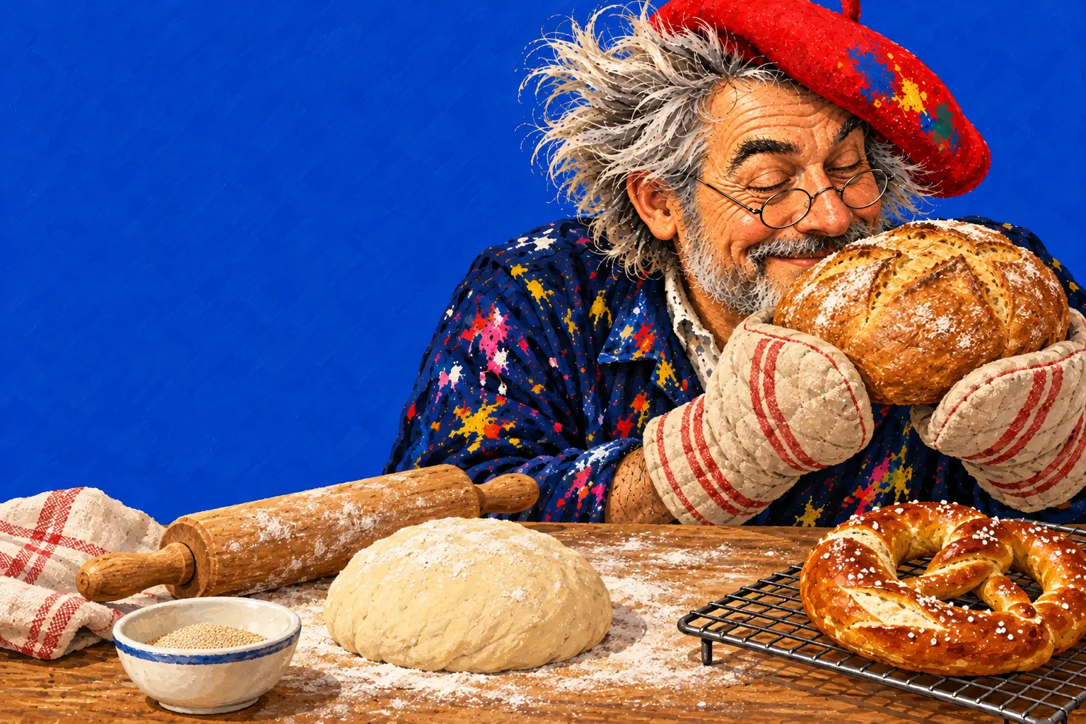 Painted illustration of the painter in oven gloves sniffing a golden loaf, with a ball of dough, a rolling pin, a bowl of yeast and a pretzel.