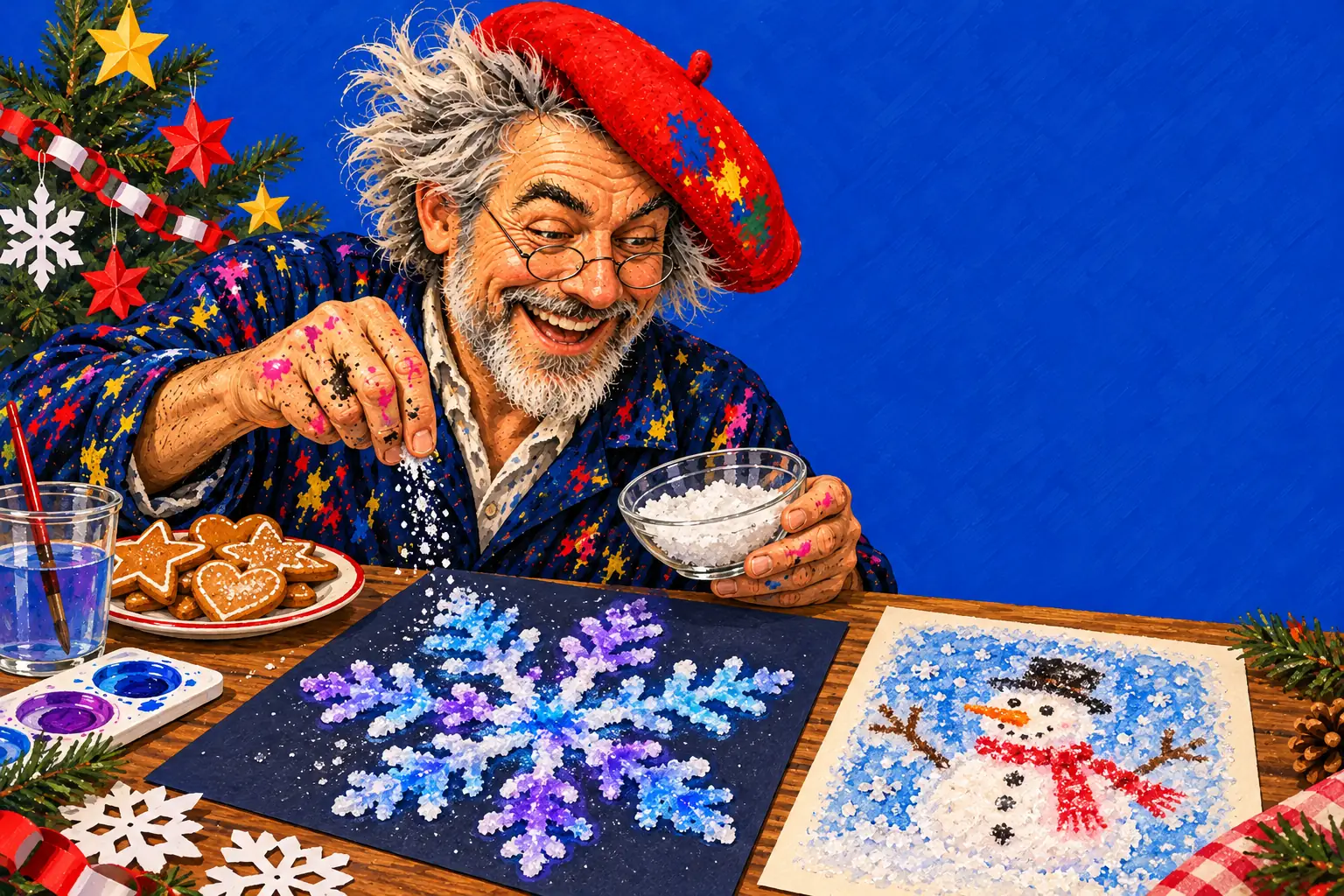 Gemalte Illustration: Der Maler streut Salz auf ein großes blau-lila Schneeflockenbild, daneben ein bereiftes Schneemannbild, Lebkuchensterne und -herzen und ein Weihnachtsbaum.