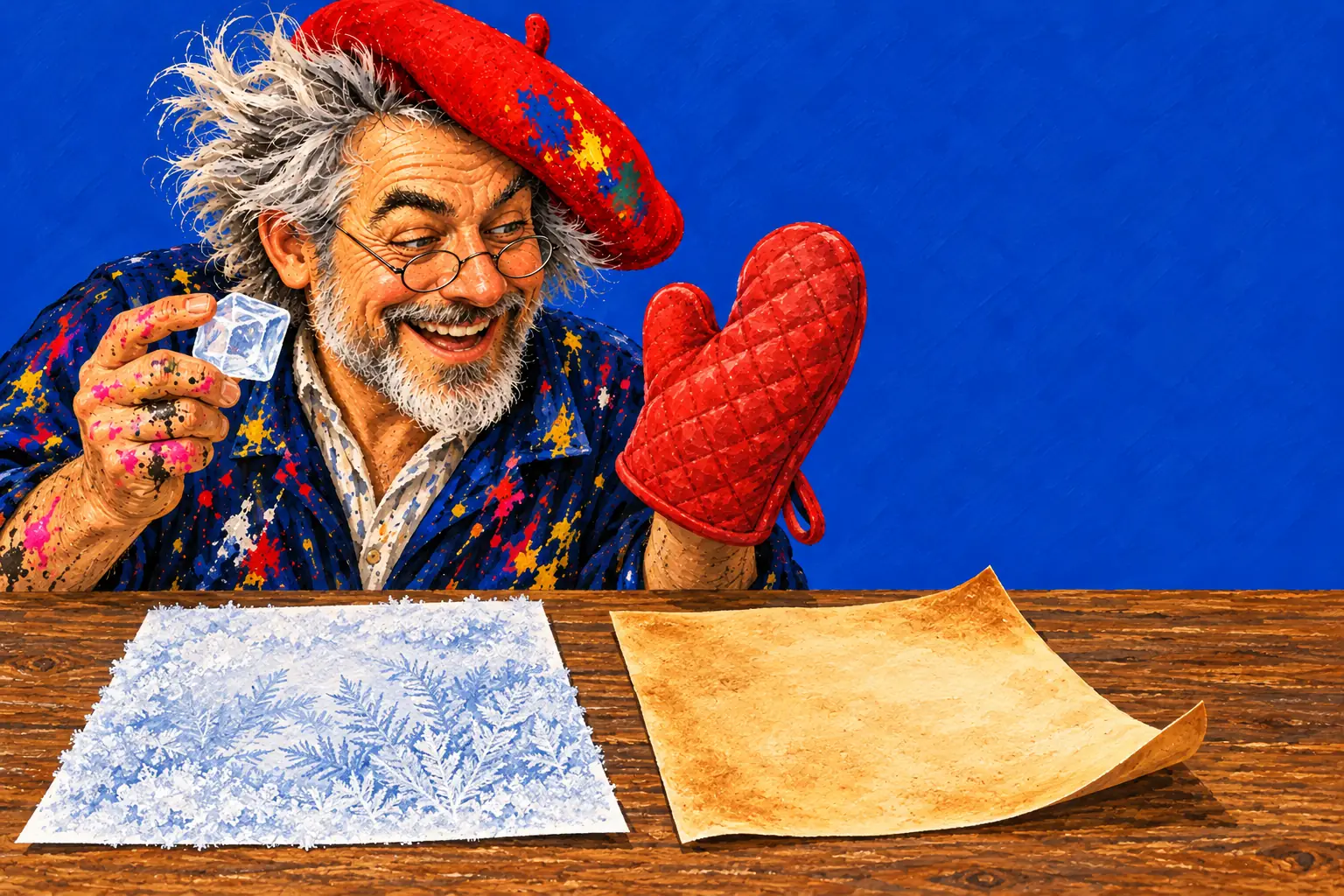 Malowana ilustracja: dwie kartki, jedna pokryta szronem z zamrażarki, druga zrumieniona w piekarniku; malarz trzyma kostkę lodu i rękawicę kuchenną.