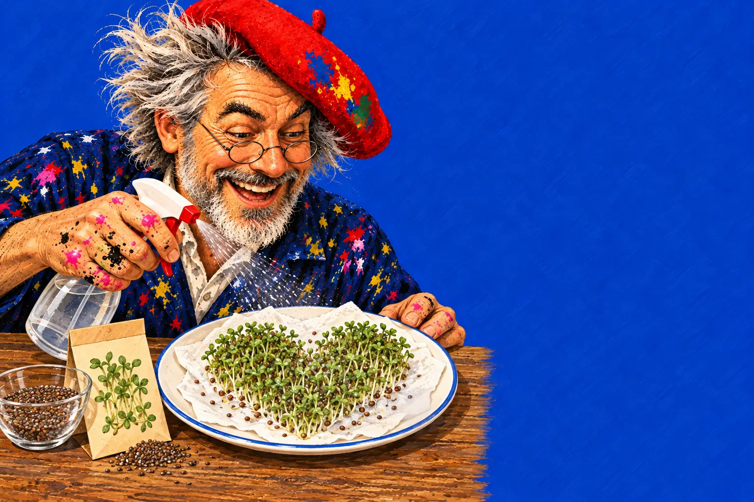 Painted illustration of the painter spraying water on cress sprouting in a heart shape on damp kitchen paper, with a seed packet and seeds.