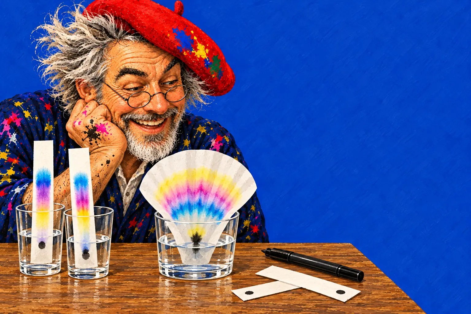 Painted illustration of paper strips and a coffee filter in glasses of water, where black marker dots have spread into blue, pink and yellow bands, watched by the painter.