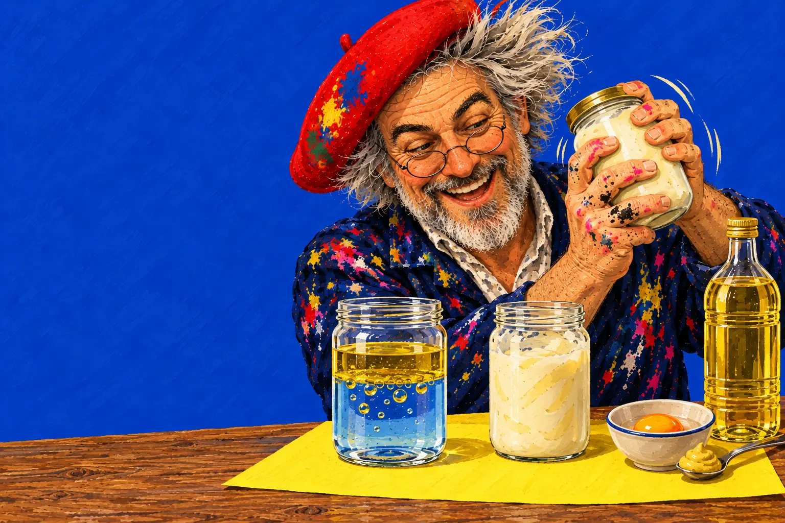 Painted illustration of the painter shaking a jar, beside a jar of golden oil floating on blue water, a jar of creamy mayonnaise, an egg yolk and mustard.