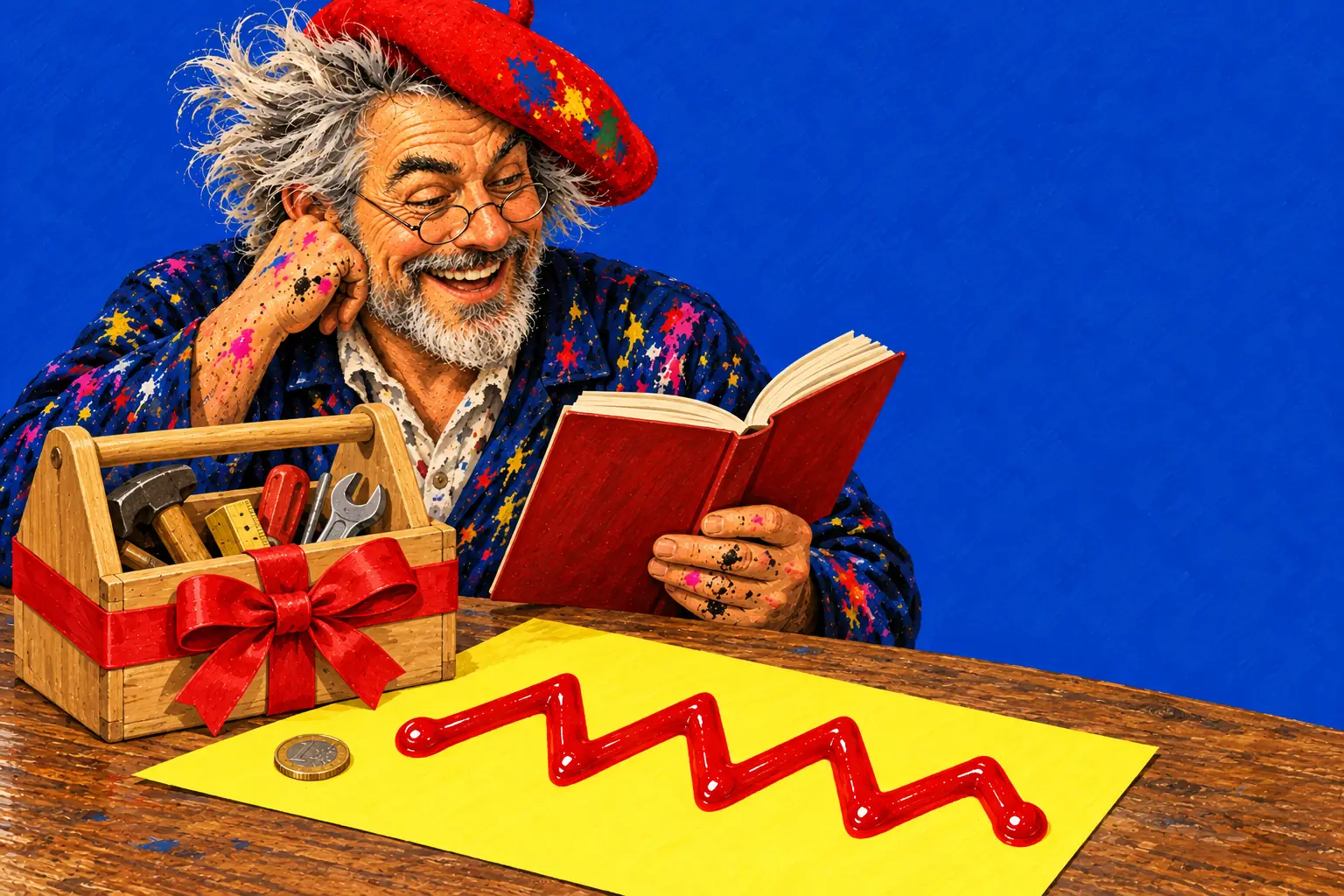 Gemalte Illustration: Ein Holzwerkzeugkasten mit roter Schleife neben einer einzelnen Münze auf einem gelben Blatt mit Ketchup-Zickzack; der Maler liest daneben ein Buch.