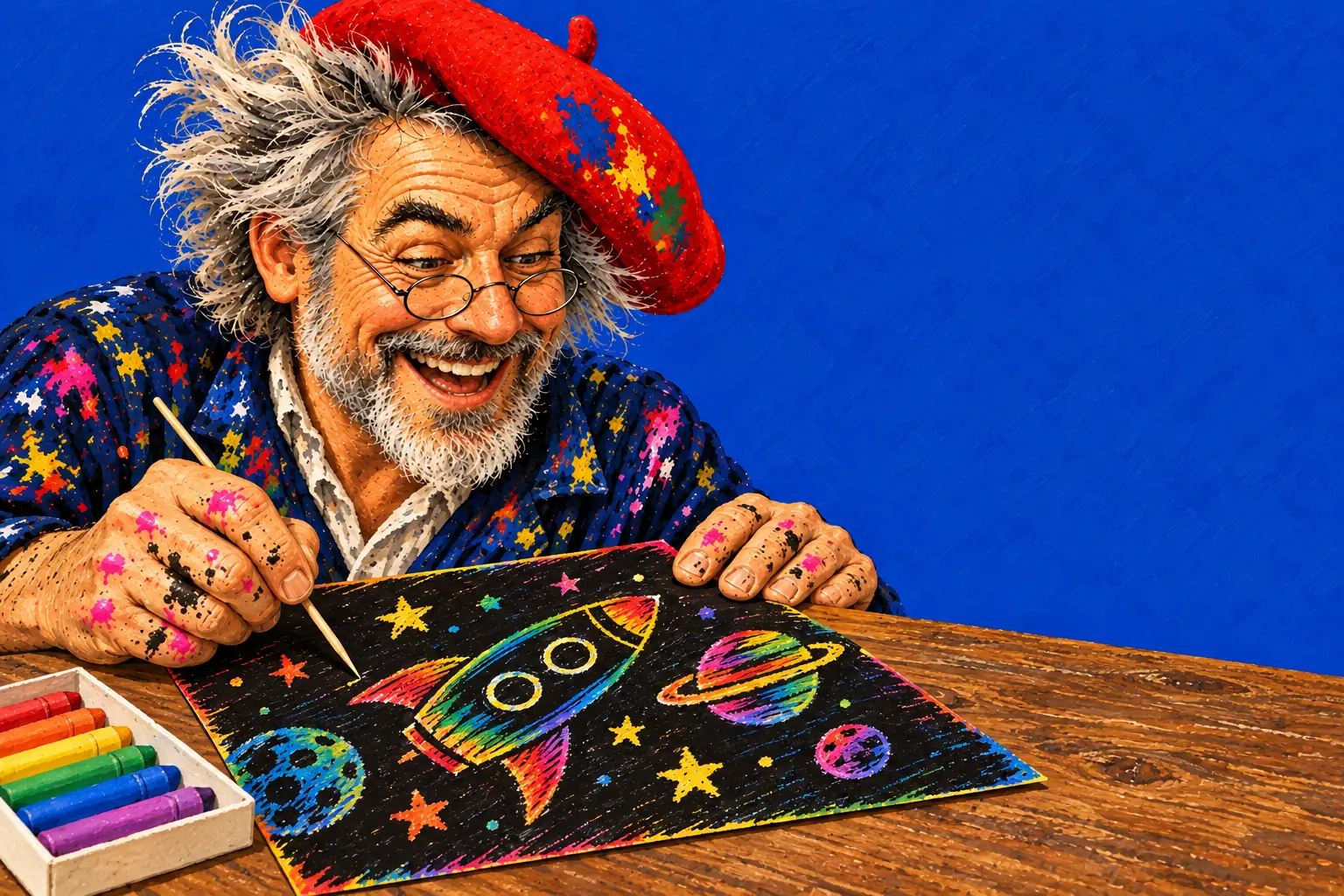 木の棒で黒い絵の具をけずり、虹色のロケット、惑星、星を出していく画家の手描きのイラスト。
