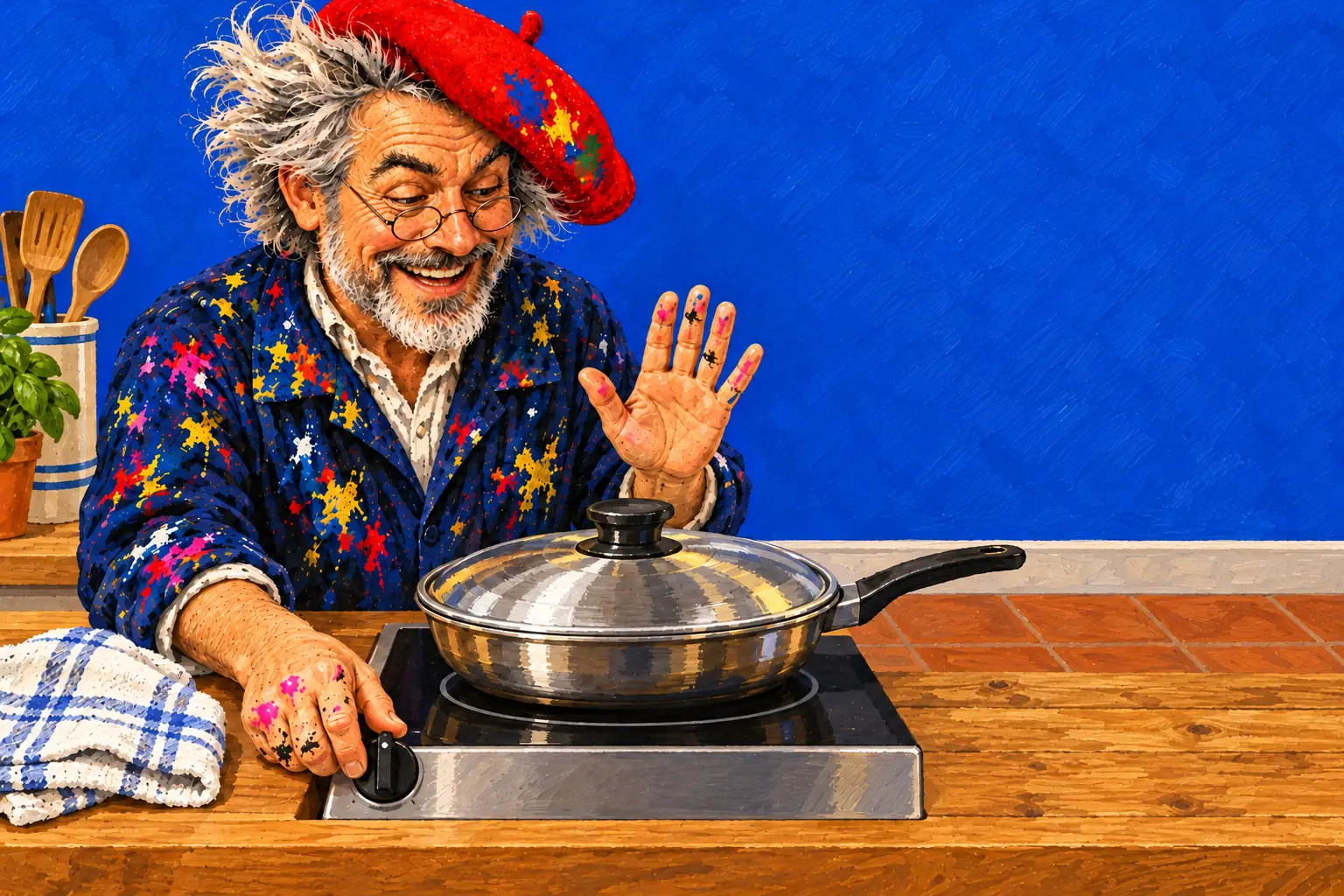 Geschilderde illustratie: de schilder zet rustig het vuur uit onder een koekenpan met het deksel erop, met een vochtige theedoek ernaast.