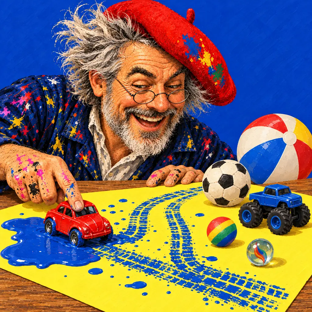 Malowana ilustracja: malarz pcha autko przez niebieską farbę i zostawia ślady opon; obok monster truck, piłka plażowa, piłka nożna i szklana kulka.