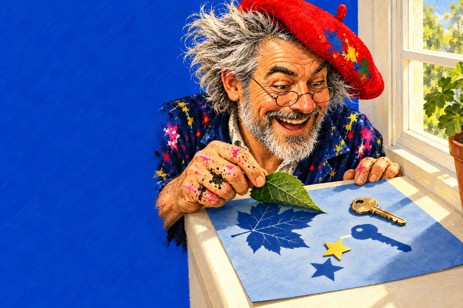 Painted illustration of the painter on a sunny windowsill lifting a leaf off faded blue paper, where the leaf, a key and a star left darker shapes.