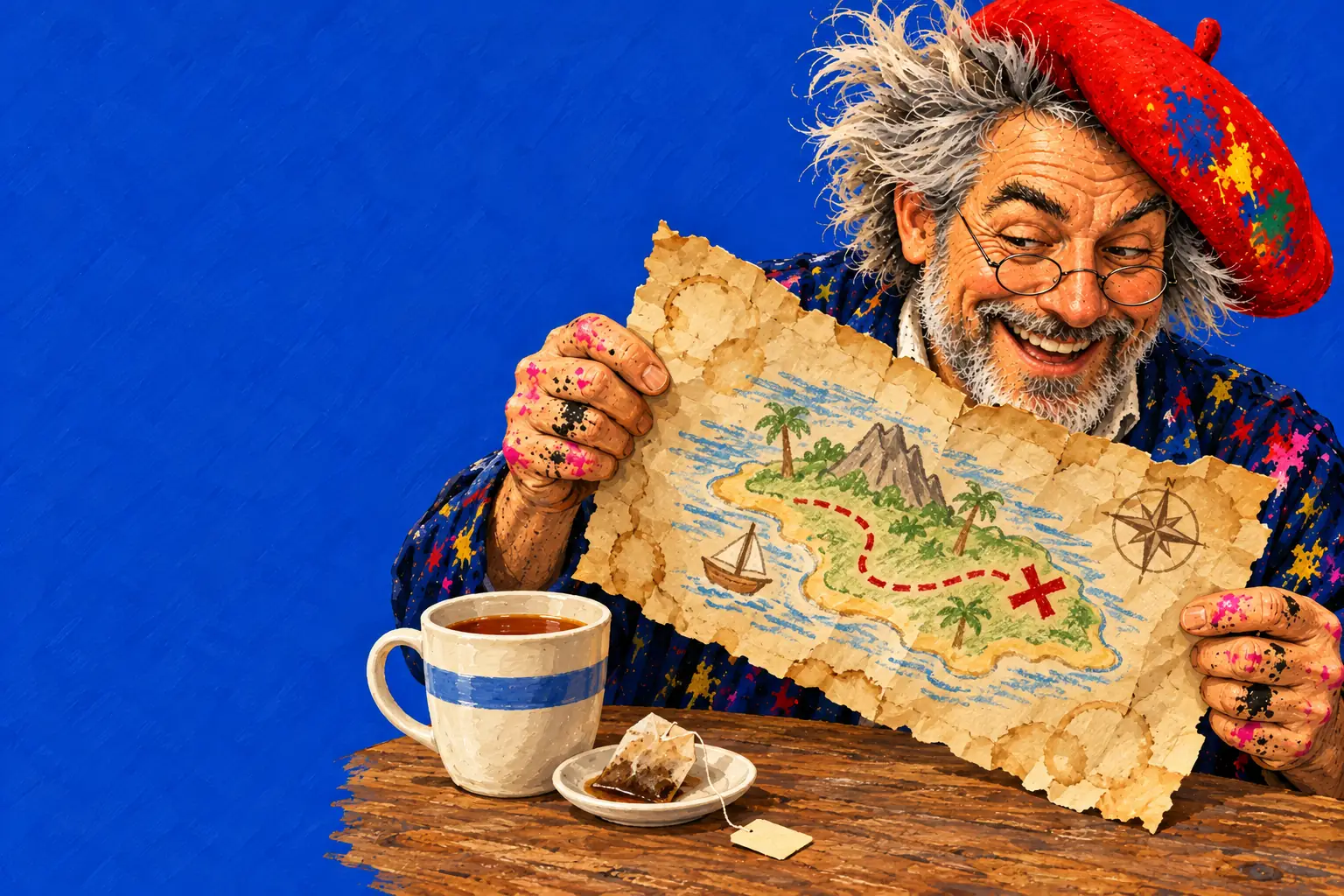 Painted illustration of the painter holding up a tea-stained treasure map with a crayon island, a dotted path and a red cross, a cup of tea and a tea bag beside him.
