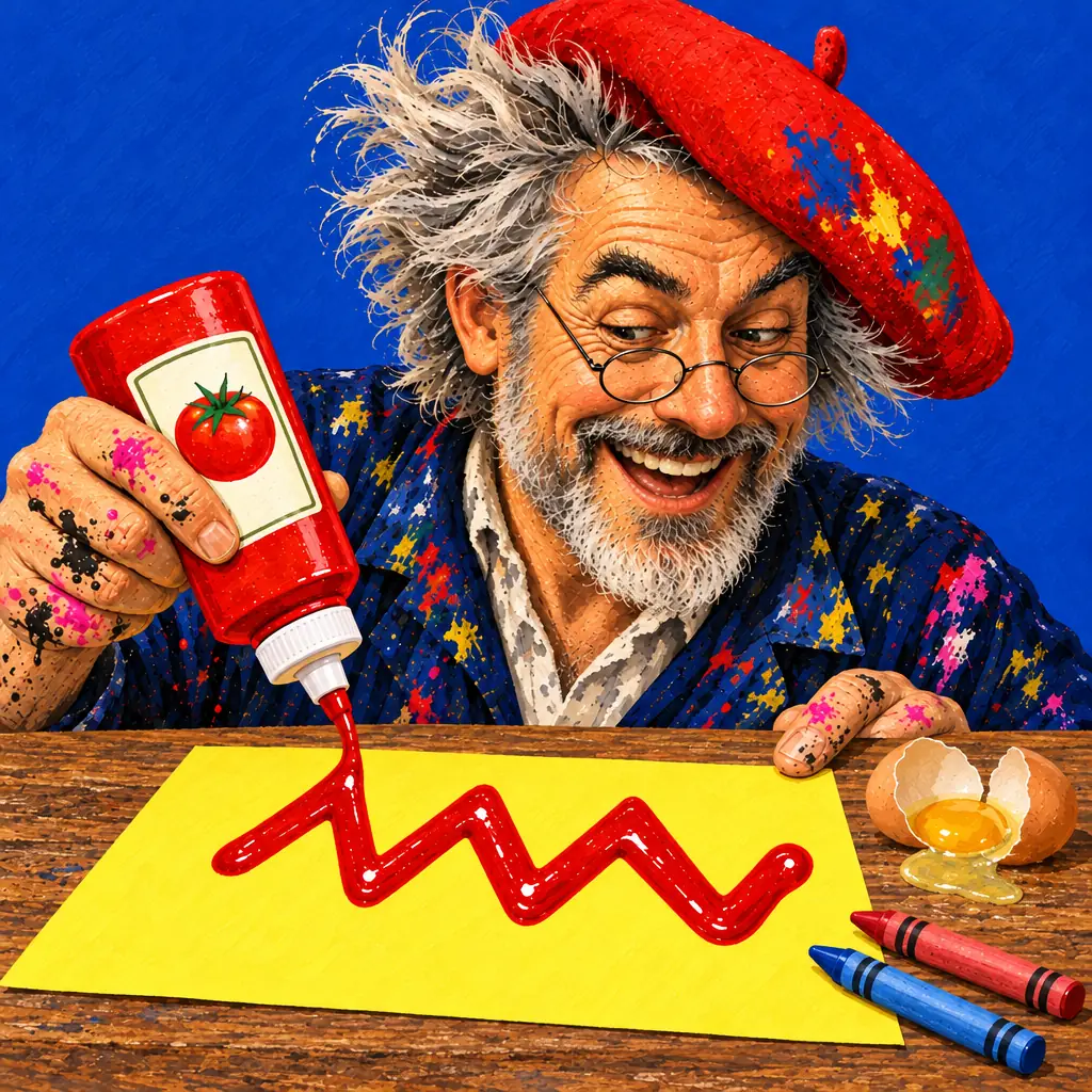 Geschilderde illustratie: de schilder met zijn rode baret knijpt een zigzag ketchup op een geel vel, naast een gebroken ei en waskrijtjes.