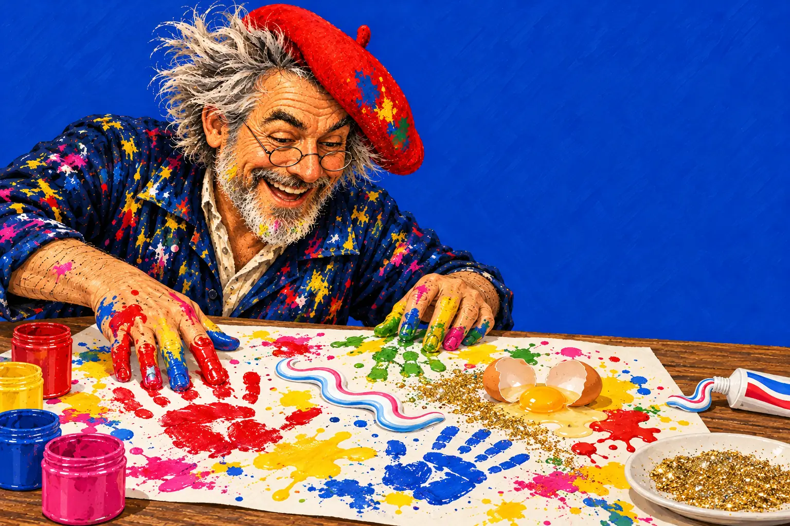 Geschilderde illustratie: de schilder schildert met zijn vingers op een groot vel vol handafdrukken, verfspatten, een kronkel tandpasta, glitter en een gebroken ei.