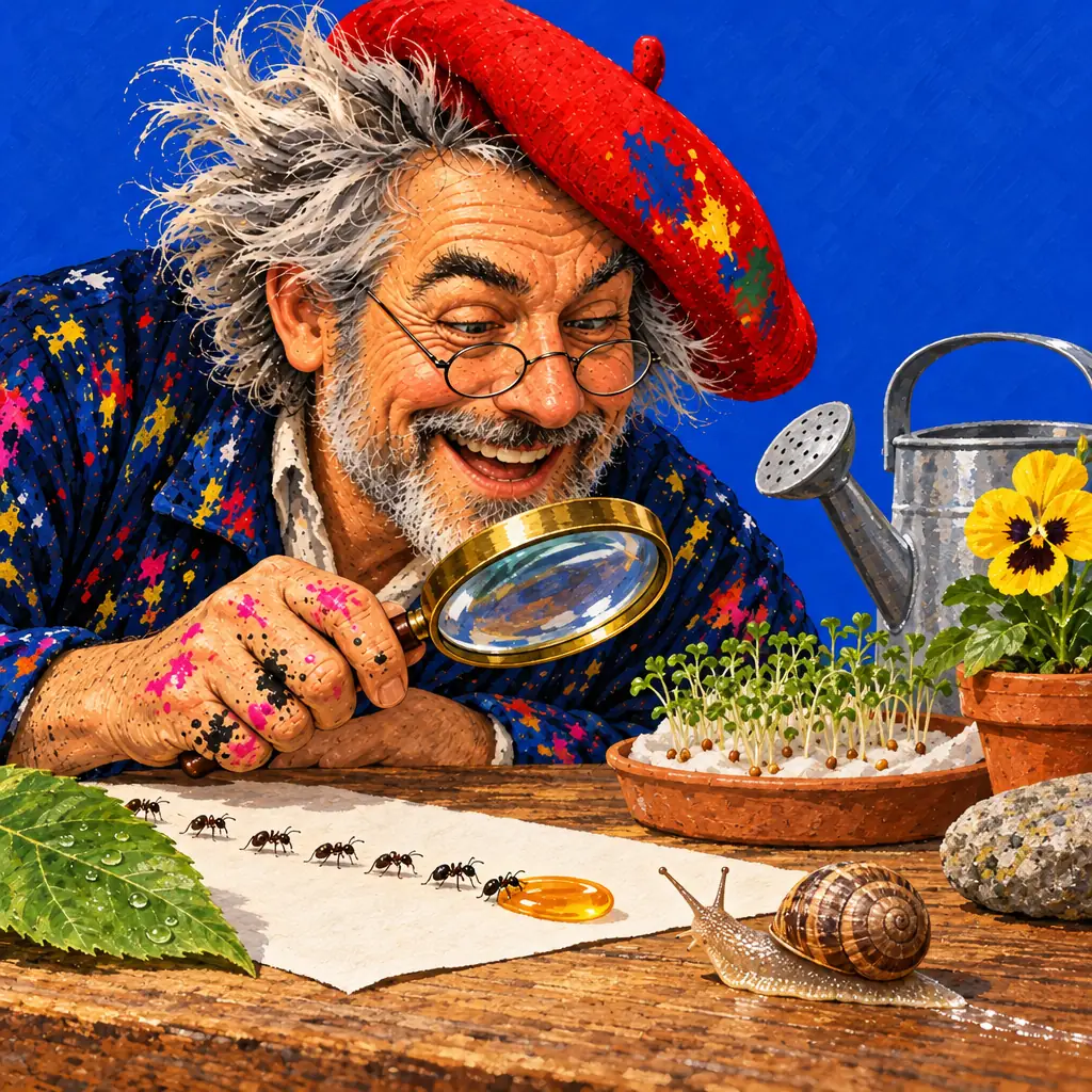 Malowana ilustracja: malarz przez lupę patrzy, jak rząd mrówek maszeruje do kropli miodu; obok ślimak, kiełkująca rzeżucha i konewka.