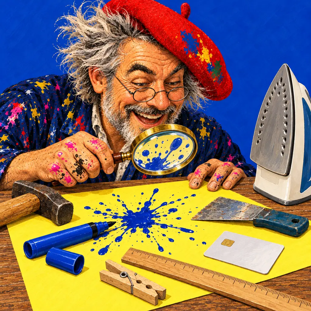 Malowana ilustracja: malarz ogląda przez lupę plamę niebieskiego tuszu; obok młotek, zgnieciony flamaster, skrobaczka, linijka, żelazko i karta płatnicza.
