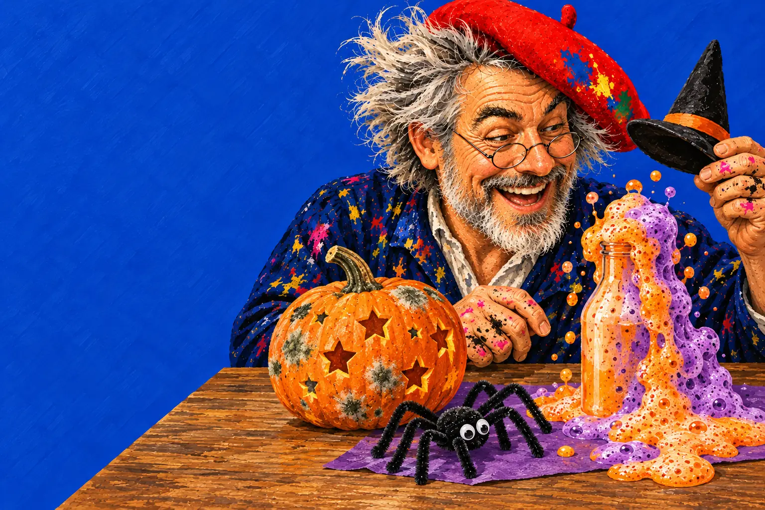 Gemalte Illustration: Ein Kürbis mit sternförmigen Löchern und Schimmelflecken, eine Flasche, die orange und lila überschäumt, und eine Pfeifenputzer-Spinne; der Maler hält einen Hexenhut.