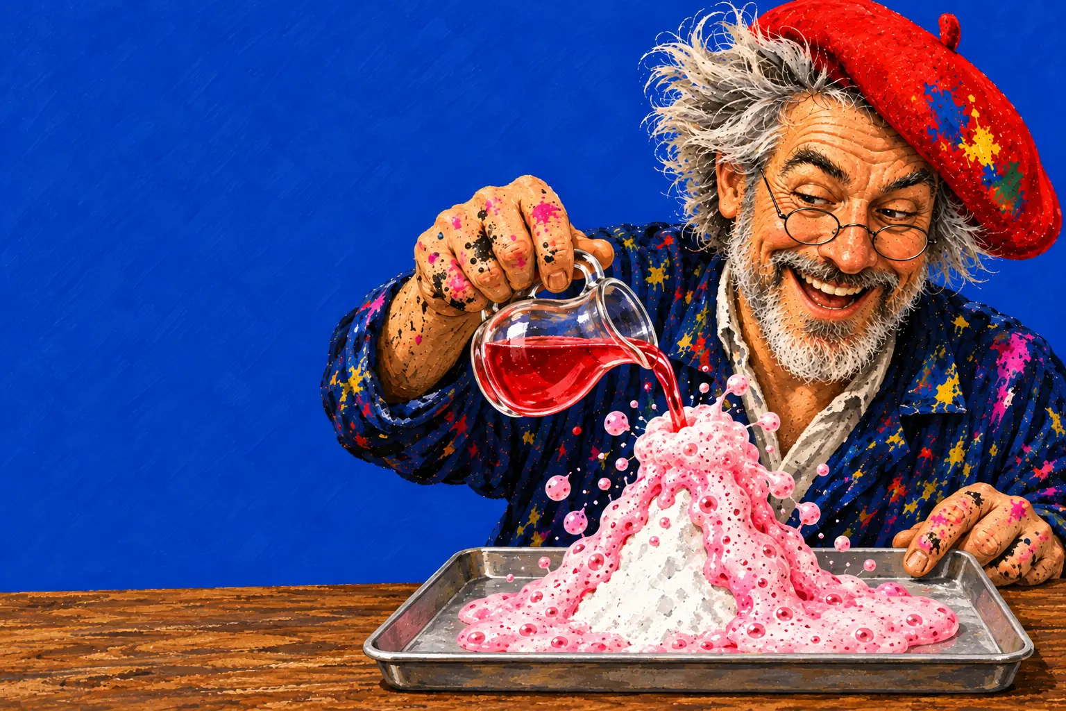 Painted illustration of the painter pouring red vinegar onto a heap of baking soda on a tray, which fizzes up into pink foam.