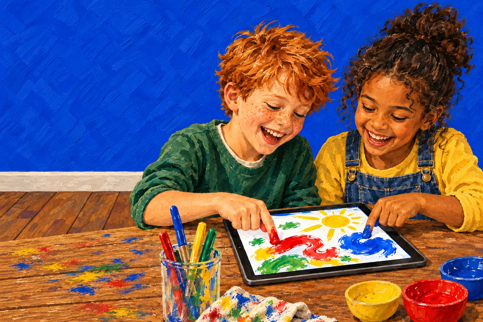 Geschilderde illustratie: twee kinderen schilderen lachend samen op één tablet aan een tafel in de klas, elk met een vinger.