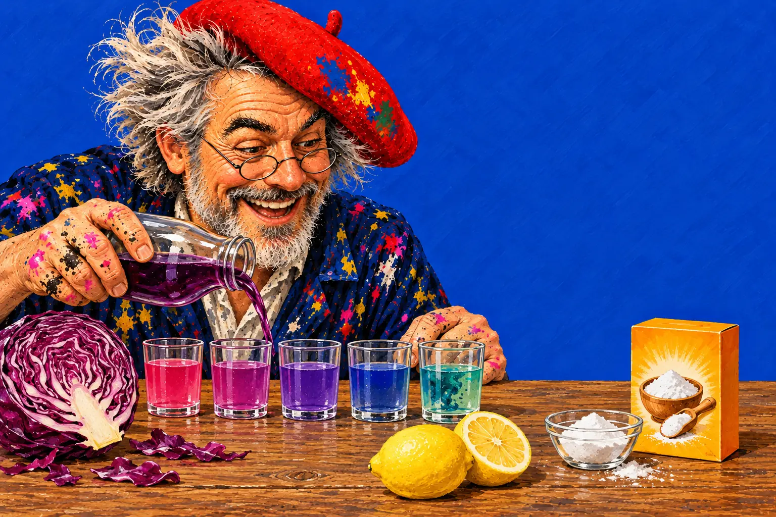 Malowana ilustracja: malarz wlewa fioletowy sok z czerwonej kapusty do rzędu szklanek, w których kolor przechodzi od różu przez fiolet i niebieski do zieleni; obok cytryna i soda oczyszczona.