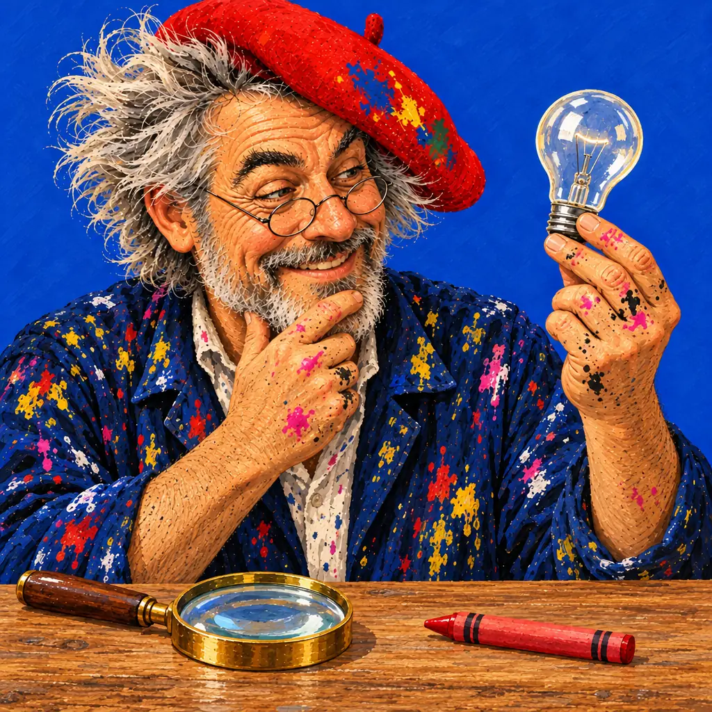 手にした電球を見つめながらひげをなでる画家の手描きのイラスト。テーブルには虫めがねとクレヨン。