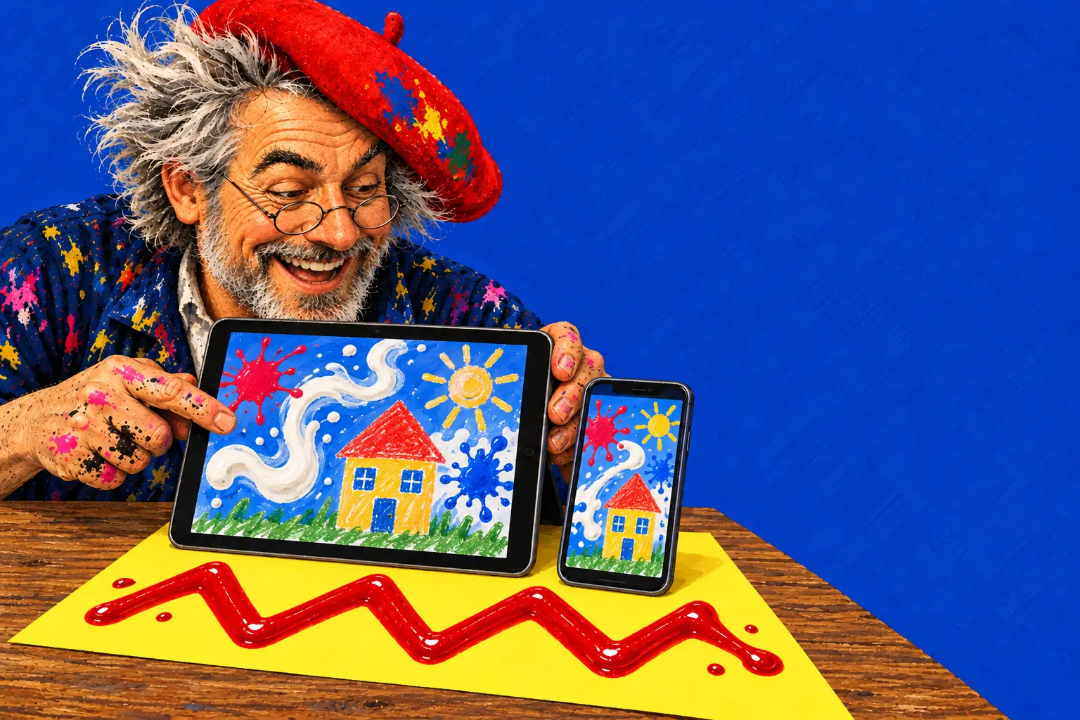 Gemalte Illustration: Ein Tablet und ein Handy auf einem gelben Blatt mit Ketchup-Zickzack, auf beiden Bildschirmen Farbkleckse, Milchwirbel und ein Wachsmalstift-Haus; der Maler lächelt sie an.