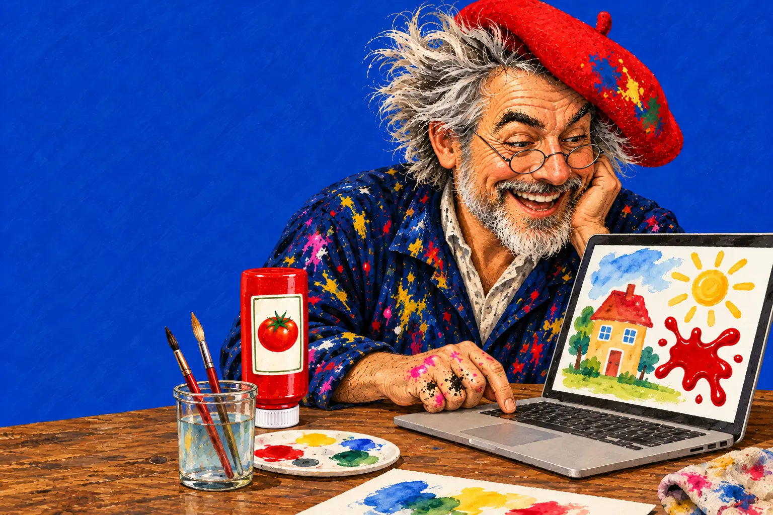 Illustrazione dipinta del pittore davanti a un portatile il cui schermo mostra un acquerello con una casa, un sole e uno schizzo di ketchup.