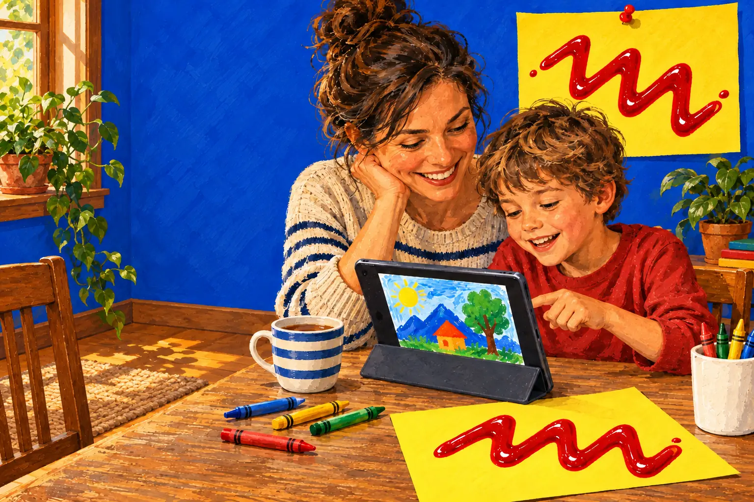 Geschilderde illustratie: een ouder en een kind aan de keukentafel kijken naar een kleurrijk schilderij op een tablet, met een kopje thee, waskrijtjes en een tekening met een ketchupzigzag.