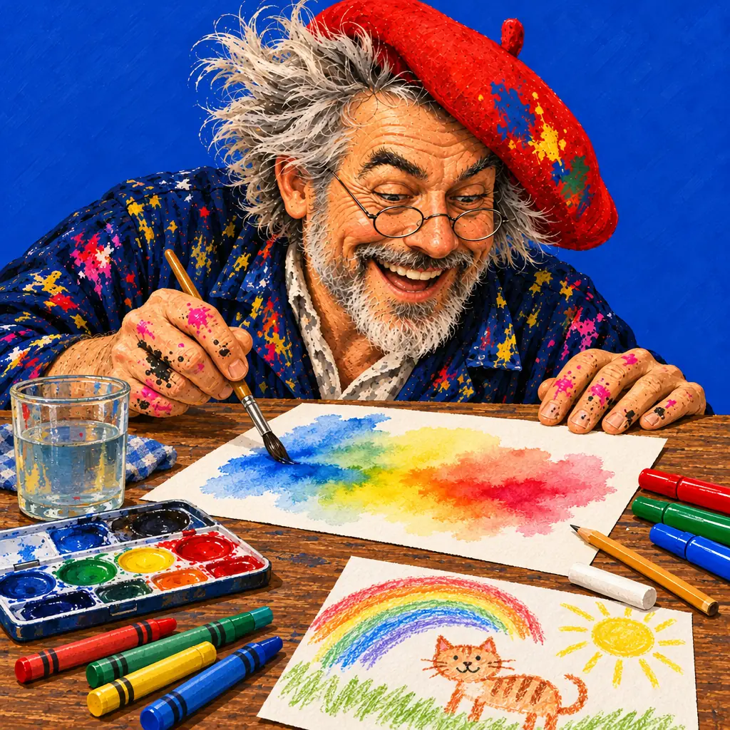 Malowana ilustracja: malarz maluje tęczę akwarelą, która rozlewa się po mokrym papierze; obok kredki, flamastry, pudełko farb i dziecięcy rysunek tęczy.