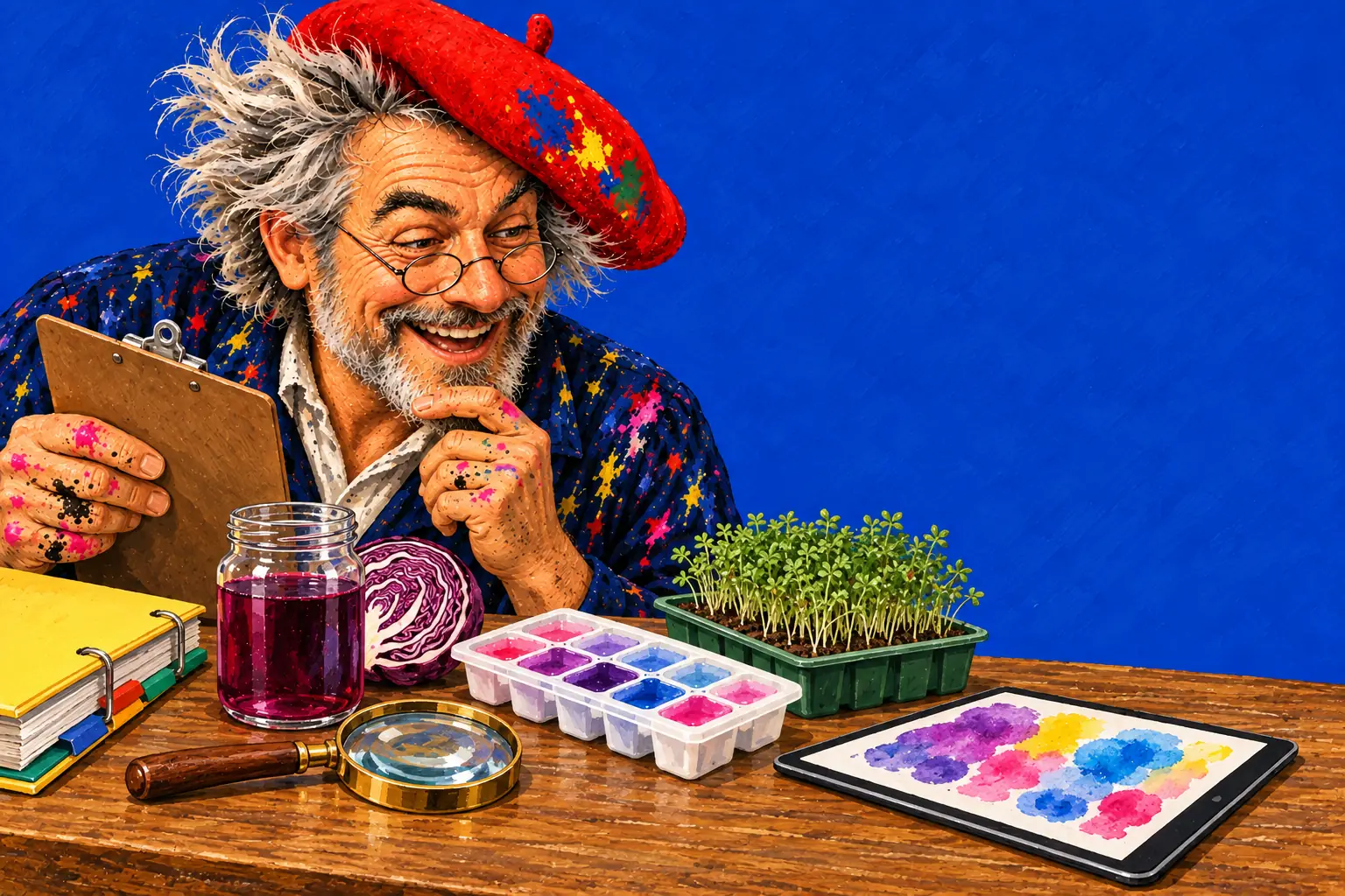 Illustration peinte : le peintre, un porte-bloc à la main, devant un bureau d'enseignant avec un classeur, du jus de chou rouge, une loupe, un bac à glaçons, du cresson et une tablette.