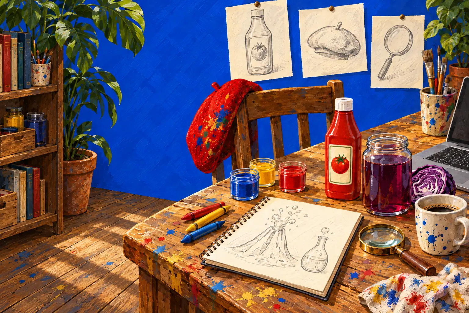 Geschilderde illustratie: de werktafel van een schilder met opgeprikte schetsen, verfpotjes, waskrijtjes, een schetsboek, een laptop, een ketchupfles, rodekoolsap en een baret op de stoel.