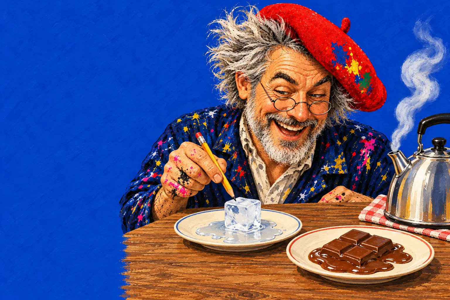 Painted illustration of the painter pointing a pencil at a melting ice cube, beside melting chocolate and a kettle letting off steam.