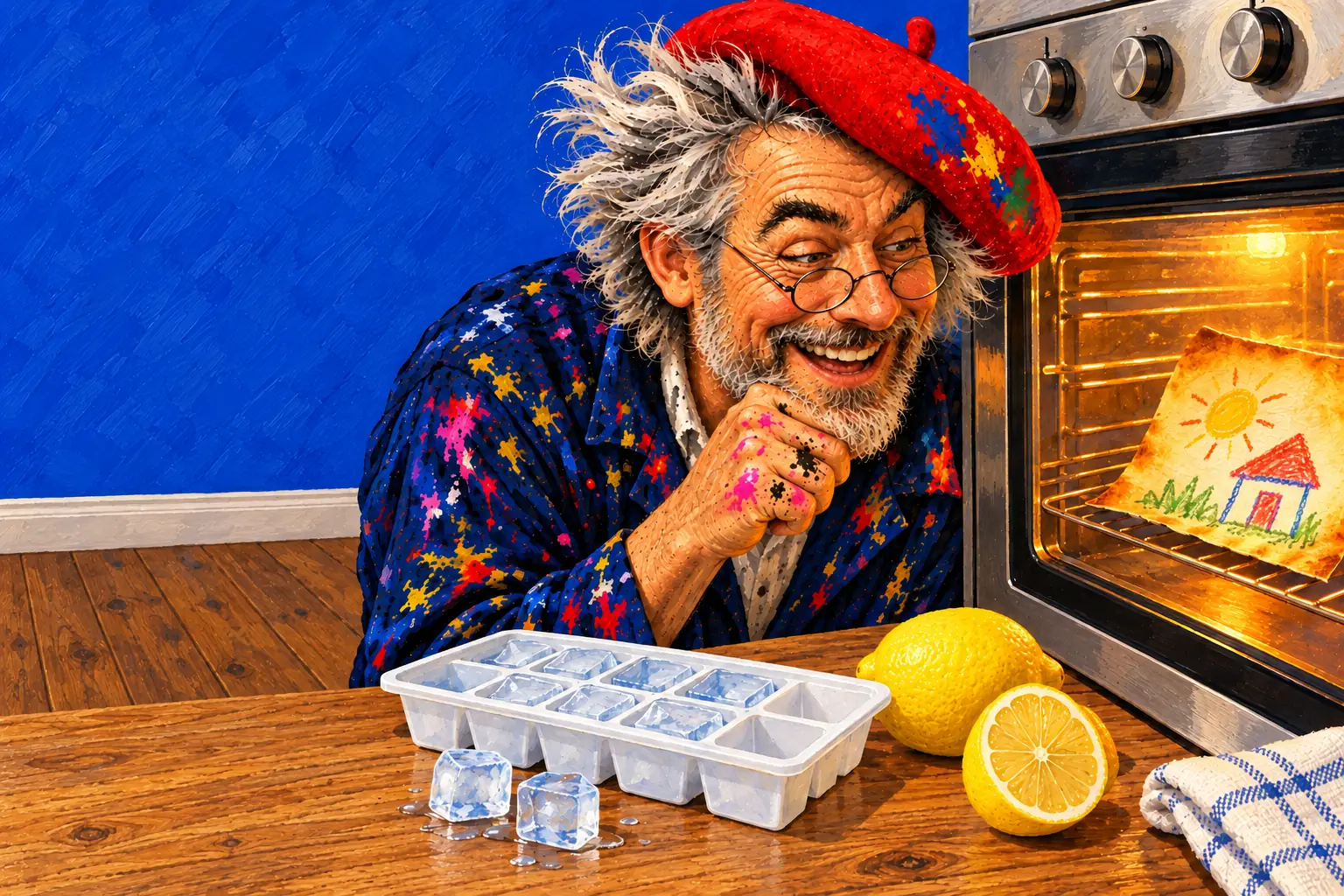Geschilderde illustratie: de schilder zit gehurkt bij een oven en kijkt hoe een waskrijttekening erin goudbruin roostert, met een ijsblokjesvorm en een citroen.