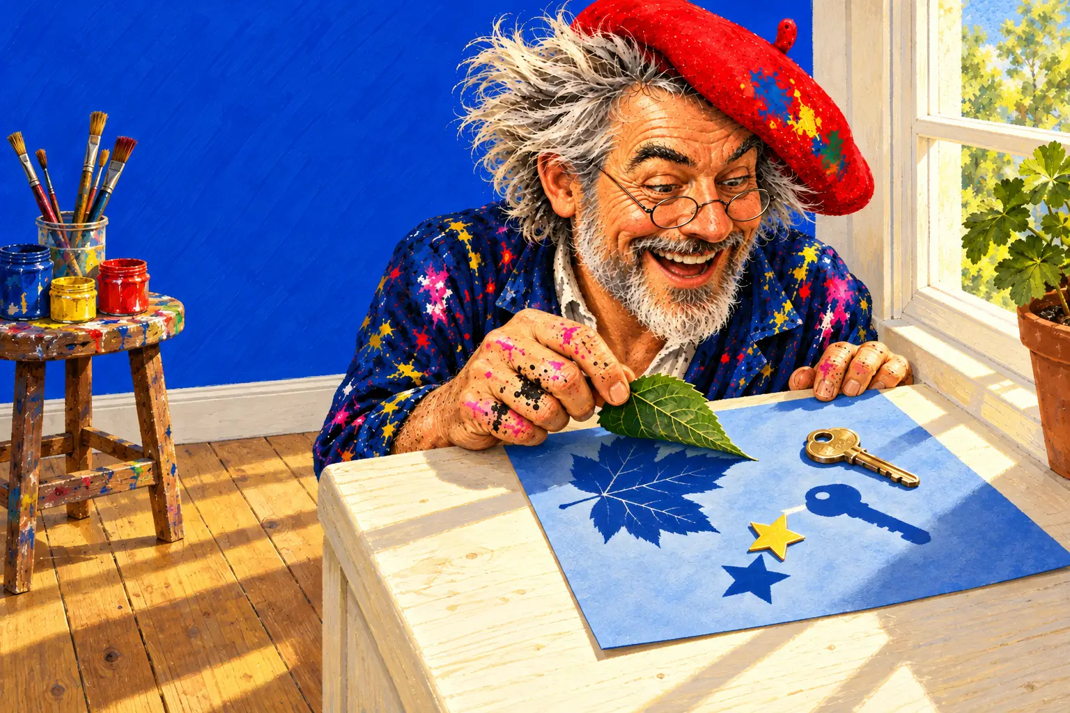 Geschilderde illustratie: de schilder tilt op een zonnige vensterbank een blad van verbleekt blauw papier, waar het blad, een sleutel en een ster donkerdere vormen achterlieten.