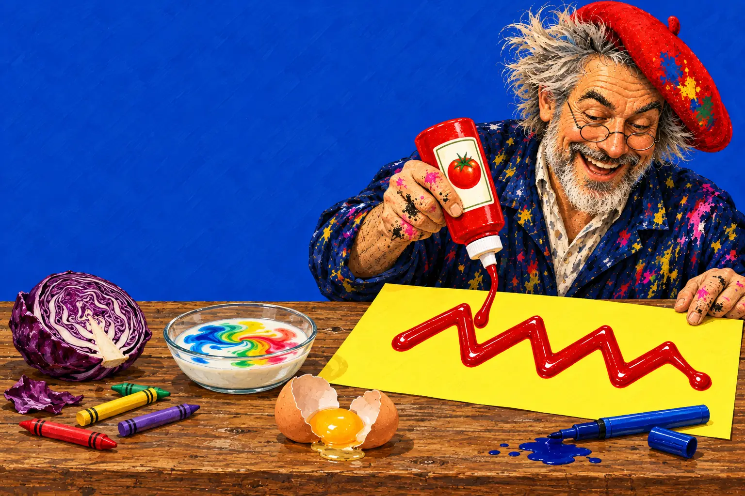 Malowana ilustracja: siwobrody malarz w czerwonym berecie wyciska zygzak keczupu na żółtą kartkę; obok pęknięte jajko, kredki, czerwona kapusta i talerzyk z wirującym mlekiem.