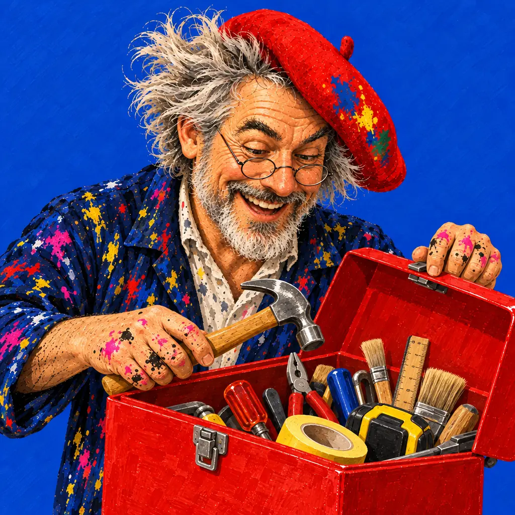 開いた赤い道具箱をのぞきこみ、ハンマーを取り出す画家の手描きのイラスト。