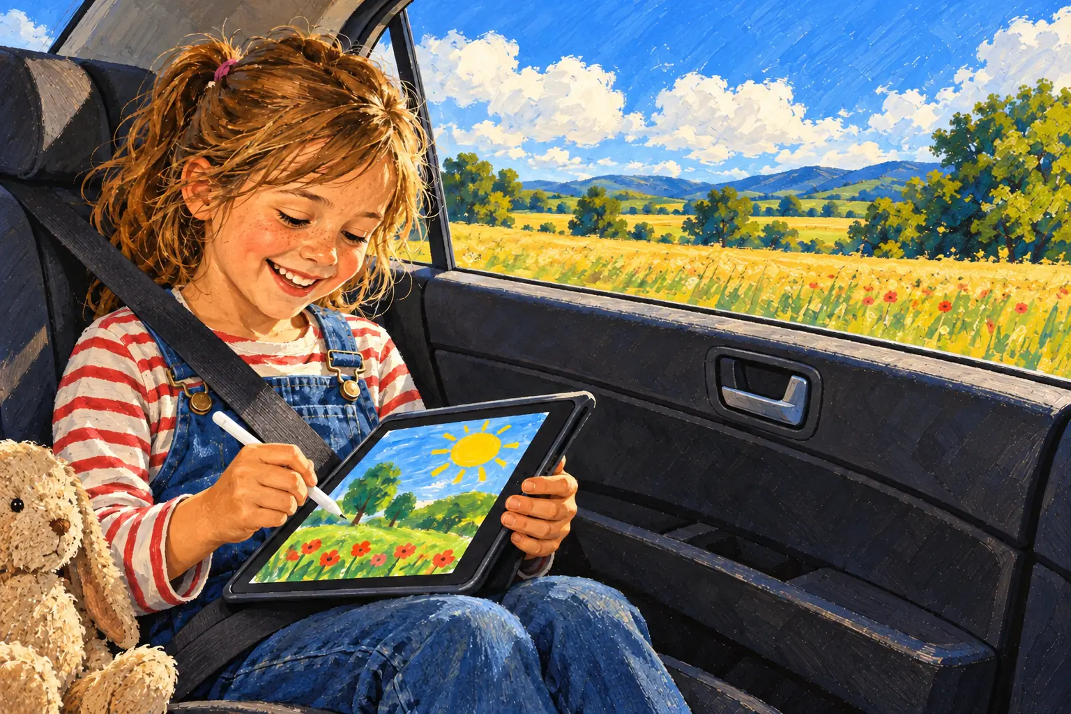 Geschilderde illustratie: een meisje tekent op een tablet op de achterbank van een auto, met haar gordel om, en buiten het raam weilanden en wolken.
