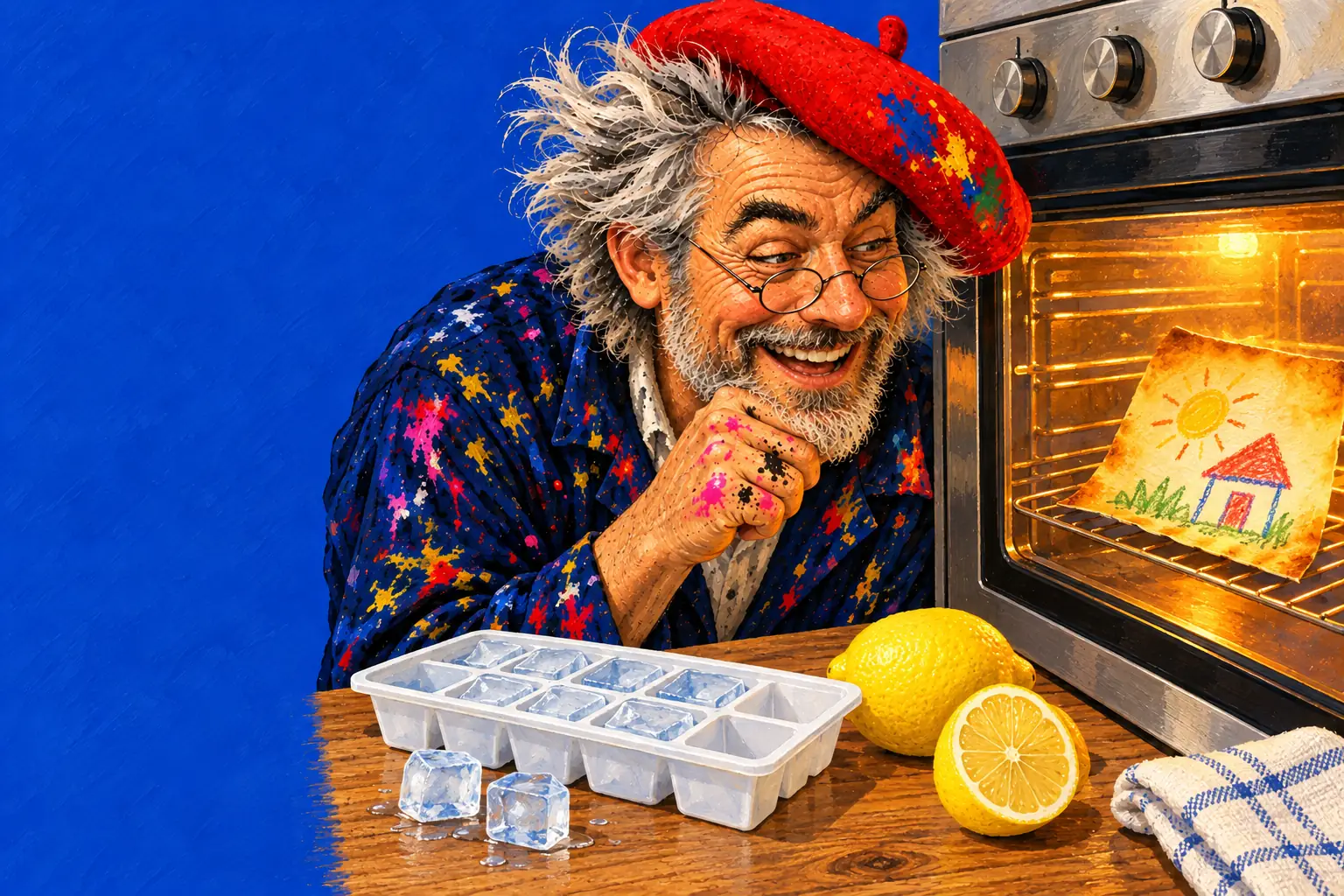 Illustrazione dipinta del pittore accovacciato davanti al forno che guarda un disegno a pastelli dorarsi dentro, con una vaschetta del ghiaccio e un limone.